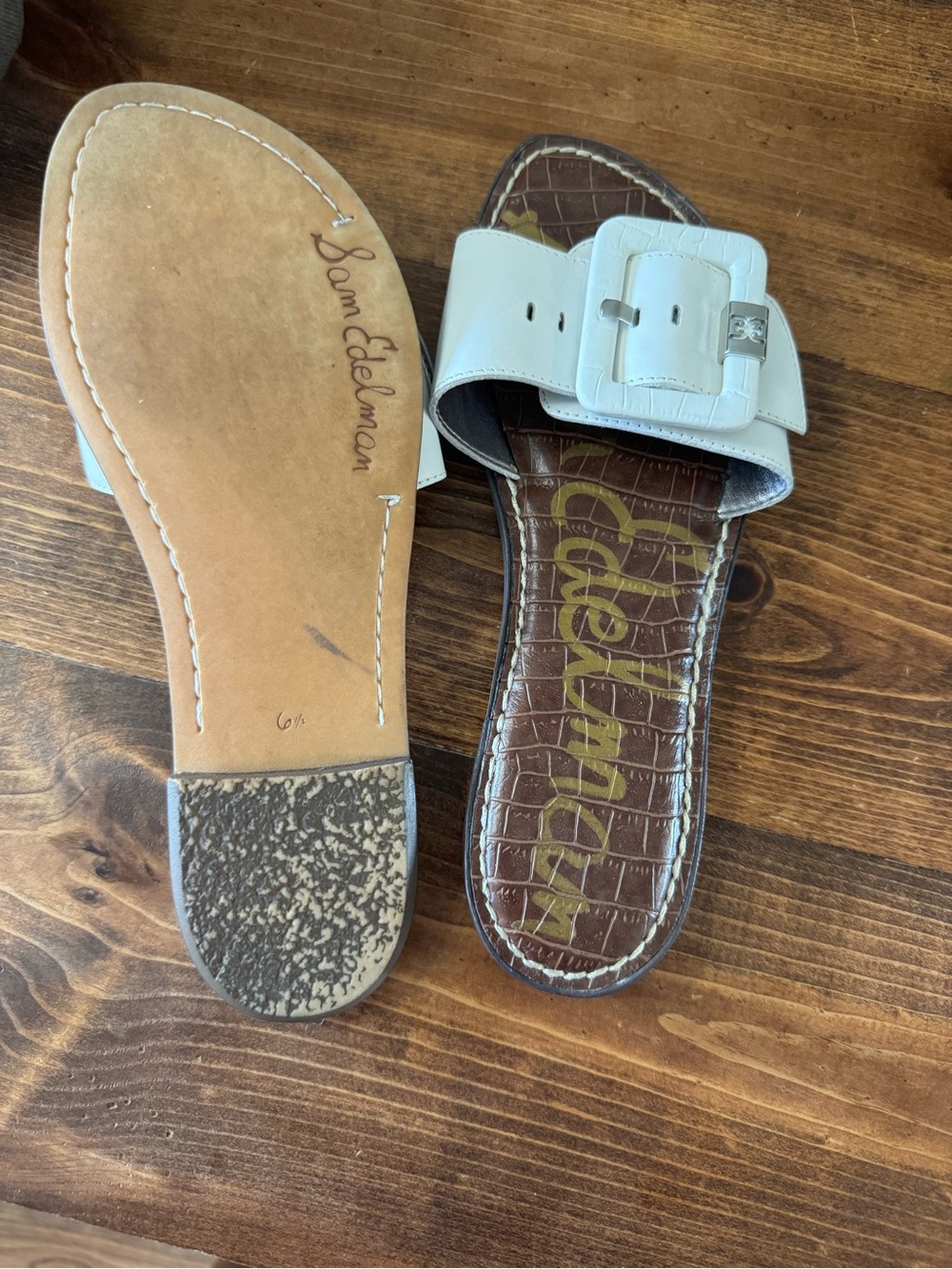Sam Edelman White Buckle Slide Sandals with Croc-Print Footbed